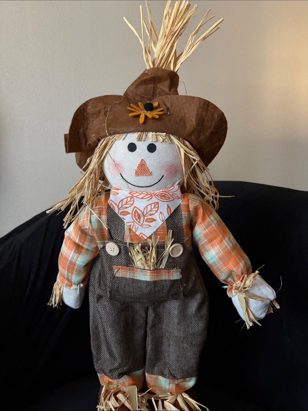 Fall Orange Plaid Scarecrow Kids Costume with Brown Overalls 23”